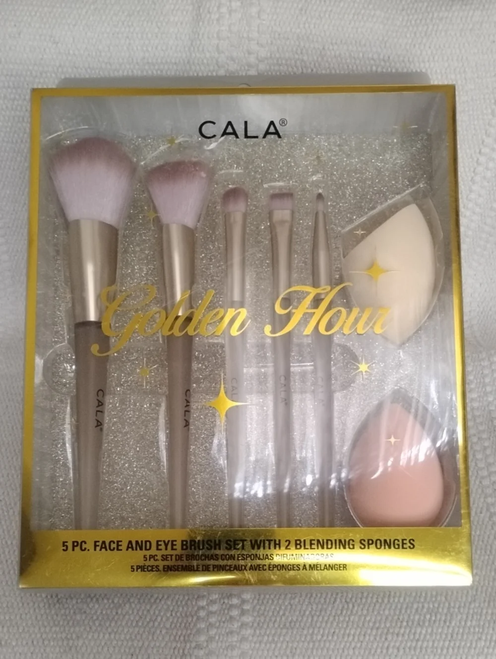 CALA Golden Hour 5-Piece Brush Set with 2 Blending Sponges - Pink & Gold
